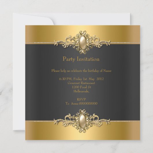 Gold Black Elegant Birthday Party Pearl Kaart (Achterkant)