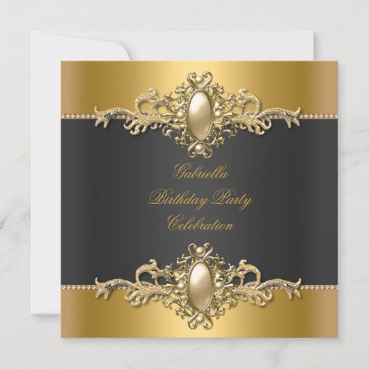Gold Black Elegant Birthday Party Pearl Kaart (Voorkant)