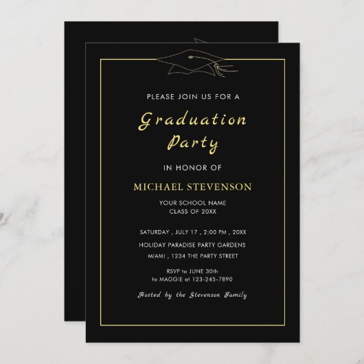 Gold Black Elegant Graduance Party Invitation (Voorkant / Achterkant)