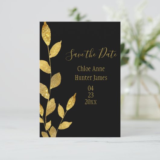 Gold Black Elegant Leaf Modern Chic Save The Date (Staand voorkant)