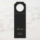 Gold & Black Elegant Minimale Script Cheers Party Flessenhanger (Voorkant)
