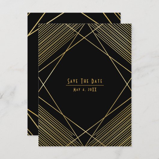 Gold & Black Elegant modern deco Bespaar de datum Aankondigingskaart (Voorkant / Achterkant)
