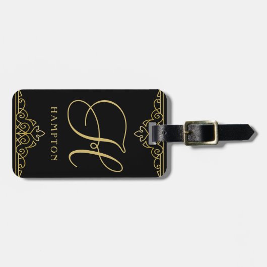 Gold Black Elegant Script Classy Monogramed Bagagelabel (Voorkant horizontaal)