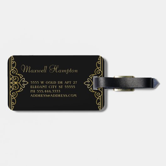 Gold Black Elegant Script Classy Monogramed Bagagelabel (Achterkant horizontaal)