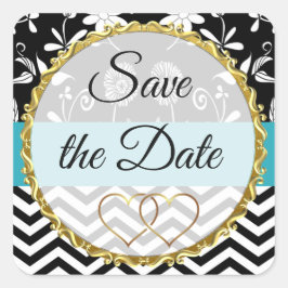 Gold, Black en Blue Floral besparen de datumkiezer Vierkante Sticker