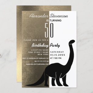 Gold Black en White Dinosaur 50th Birthday Party Kaart