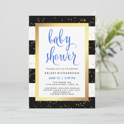 Gold Black en White Stripes Baby shower met blauw Kaart (Staand voorkant)