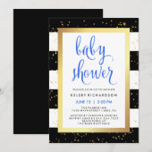 Gold Black en White Stripes Baby shower met blauw Kaart (Voorkant / Achterkant)