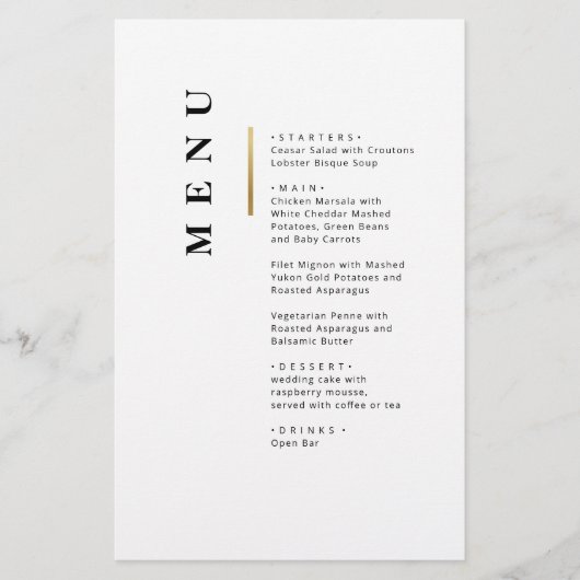 Gold Black en White Typography bruiloft menu (Voorkant)
