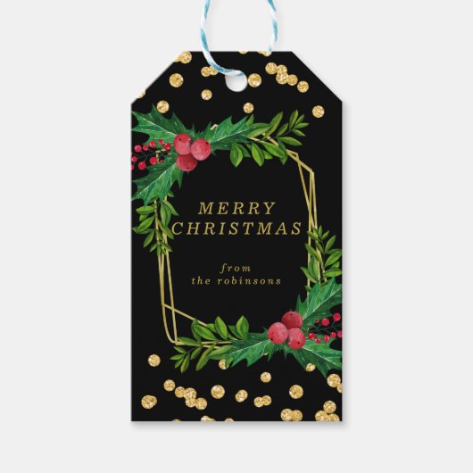 Gold Black Family Merry kerst Holly Glitter Cadeaulabel (Voorkant)