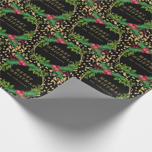 Gold Black Family Merry kerst Holly Glitter Cadeaupapier (Hoek)