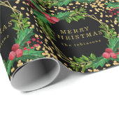 Gold Black Family Merry kerst Holly Glitter Cadeaupapier (Rol Hoek)