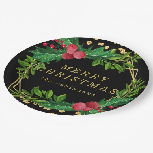 Gold Black Family Merry kerst Holly Glitter Papieren Bordje (Gekanteld)