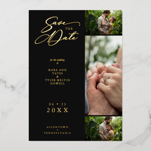 Gold Black Fancy Collage 3 Foto's Paars Weddenscha Folie Uitnodiging (Voorkant)