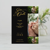 Gold Black Fancy Collage 3 Foto's Paars Weddenscha Folie Uitnodiging (Staand Voorkant)