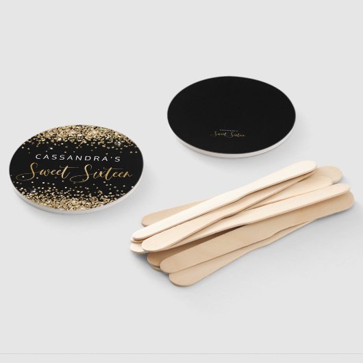 Gold Black Faux Glitter Sweet Sixteen Hand Fans Handwaaier (Niet-gemonteerd)