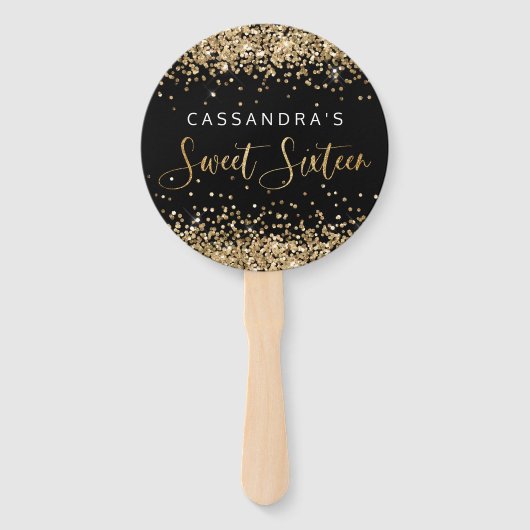 Gold Black Faux Glitter Sweet Sixteen Hand Fans Handwaaier (Voorkant)