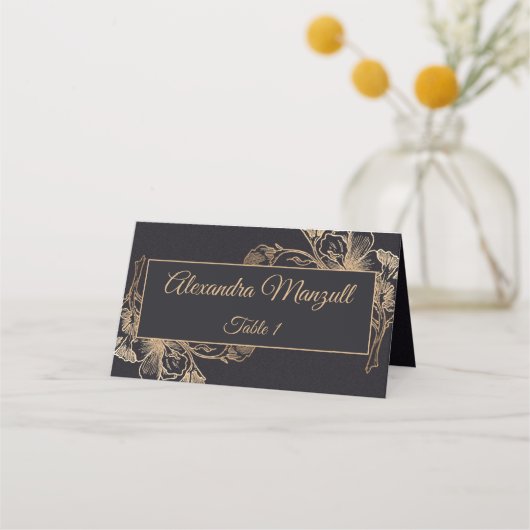 Gold Black Faux Metal Floral Design Wedding Plaatskaartje (Voorkant)