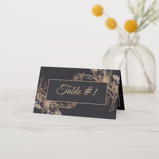 Gold Black Faux Metallic Floral Design Wedding Plaatskaartje (Voorkant)