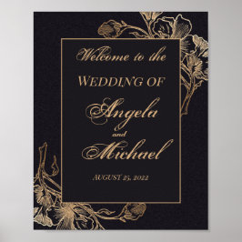 Gold Black Faux Metallic Floral Design Wedding Poster