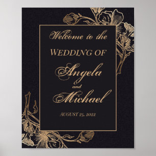 Gold Black Faux Metallic Floral Design Wedding Poster