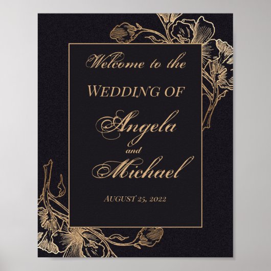 Gold Black Faux Metallic Floral Design Wedding Poster (Voorkant)