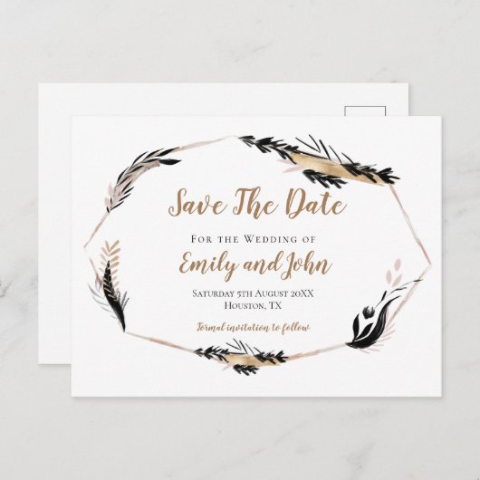 Gold Black Feather Leaves Lijst/Save The Date Briefkaart (Voorkant / Achterkant)