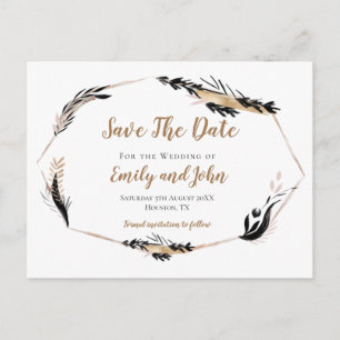 Gold Black Feather Leaves Lijst/Save The Date Briefkaart