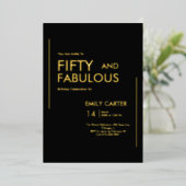 Gold Black Fifty and Fabulous 50th Birthday Party Folie Uitnodiging (Staand Voorkant)