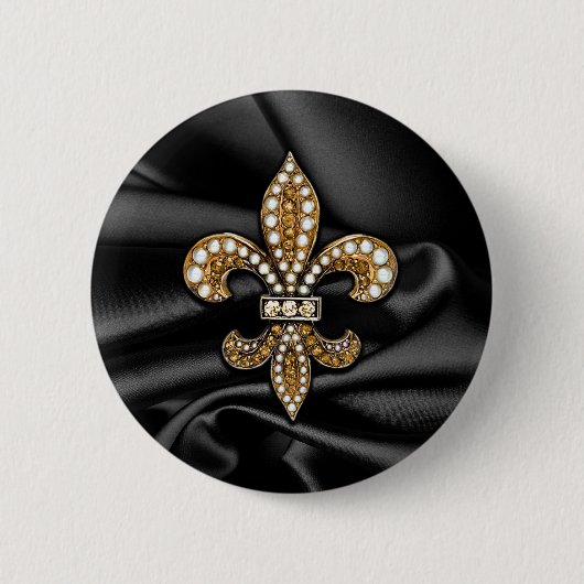 Gold Black Fleur De Lis Satin Jewel Ronde Button 5,7 Cm (Voorkant)