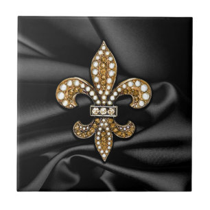 Gold Black Fleur De Lis Satin Jewel Tegeltje