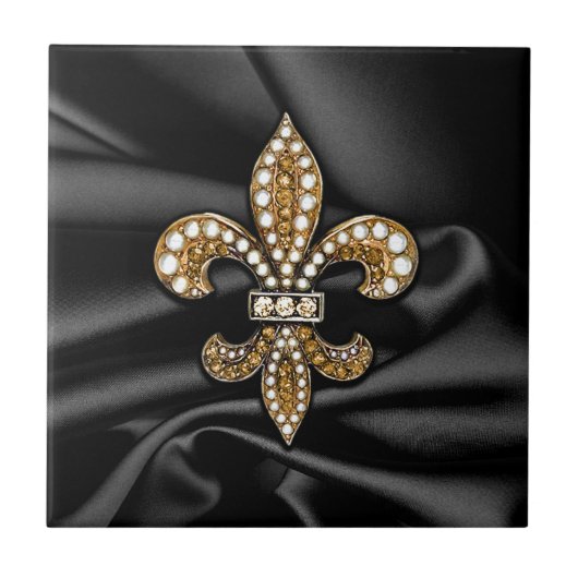 Gold Black Fleur De Lis Satin Jewel Tegeltje (Voorkant)