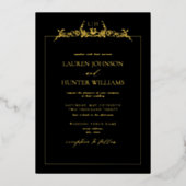 Gold Black Floral Border Monogram Weddenschap Folie Uitnodiging (Voorkant)