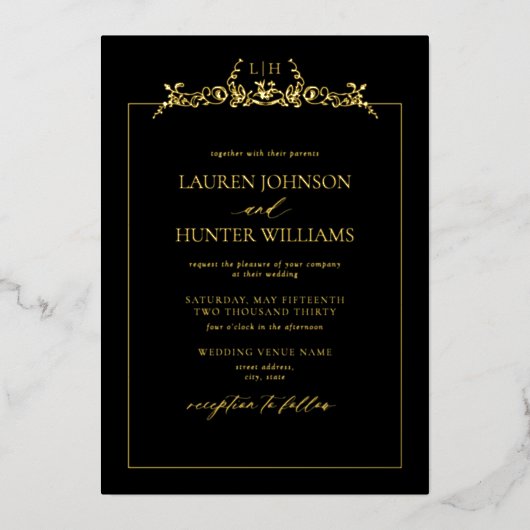 Gold Black Floral Border Monogram Weddenschap Folie Uitnodiging (Voorkant)