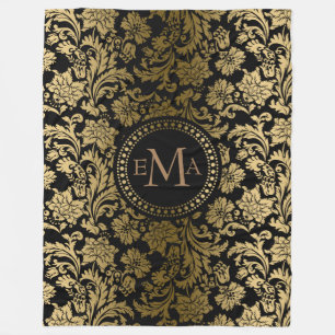 Gold & Black Floral Damask Fleece Deken