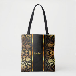 Gold & Black Floral Damask-ontwerp Tote Bag