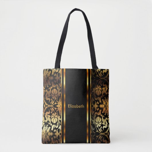 Gold & Black Floral Damask-ontwerp Tote Bag (Voorkant)