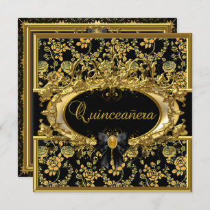 Gold & Black Floral Damask Quinceanera Invite Kaart
