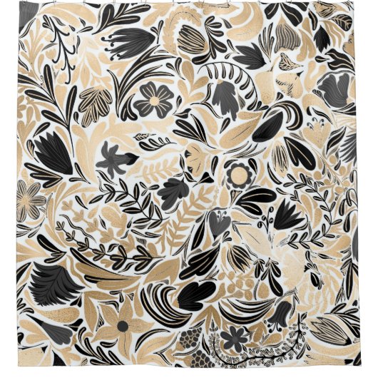 Gold Black Floral Leaves Illustration Pattern Douchegordijn (Voorkant)