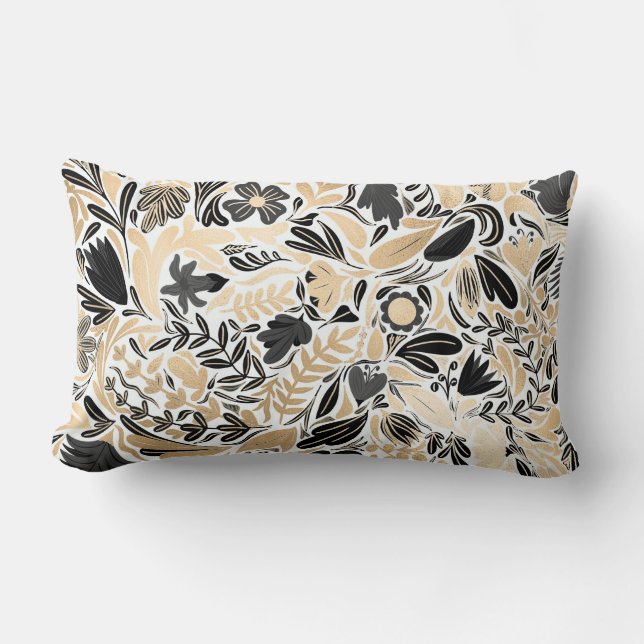 Gold Black Floral Leaves Illustration Pattern Kussen (Voorkant)
