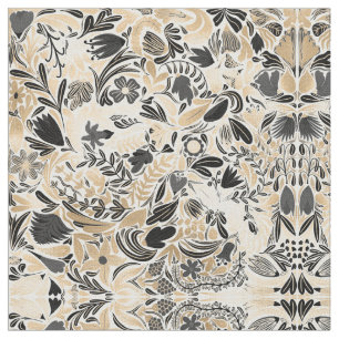 Gold Black Floral Leaves Illustration Pattern Stof