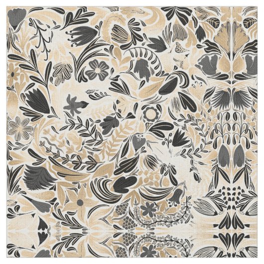 Gold Black Floral Leaves Illustration Pattern Stof (Close Up)