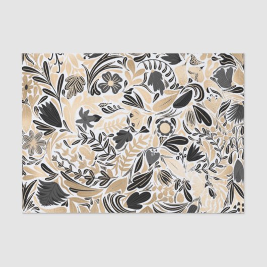 Gold Black Floral Leaves Illustration Pattern Tissuepapier (Voorkant)