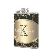 Gold Black Floral Monogram Naam op maat Heupfles (Links)