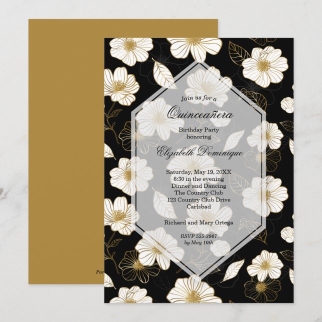 Gold Black Floral Quinceañera Birthday-uitnodiging (Voorkant / Achterkant)