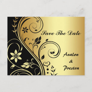 Gold & Black Floral Scroll Save the Date Briefkaar Aankondigingskaart