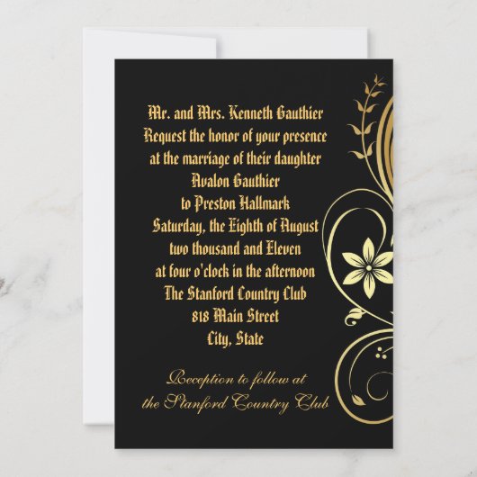 Gold & Black Floral Scroll Wedding Kaart (Achterkant)