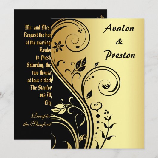 Gold & Black Floral Scroll Wedding Kaart (Voorkant / Achterkant)
