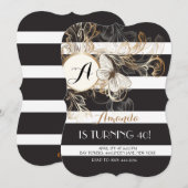 Gold Black Floral Stripe Birthday Party Invitation Kaart (Voorkant / Achterkant)