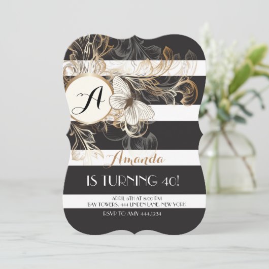Gold Black Floral Stripe Birthday Party Invitation Kaart (Staand voorkant)
